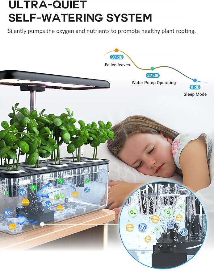 Hydroponics Growing System QYO 9 Pods Herb Garden with 70 LEDs Full-Spectrum Plant Grow Light Hydroponic Herb Garden with 4.5L Water Tank 19.7'' Height Adjustable Gardening System Black QYO10