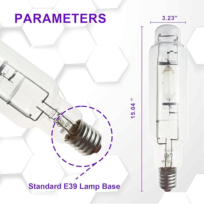 Metal Halide 1000W E39 6000K MH 1000 Watts Grow Light Bulb 1450μmol High PAR 95000 Lumens 40% Rich Blue and Violet Spectrums for Veg Growth Resin Boost Hydroponic Horticulture 2-Pack