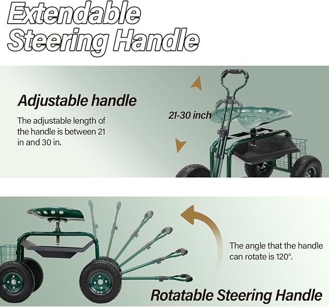 BESTHLS Garden Cart with Seat on Wheels Rolling Gardening Stool with Wheels Heavy Duty for Planting with 360 Degree Swivel Seat Steering Handle &amp Utility Tool Tray