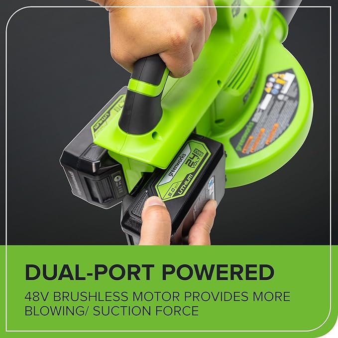 Greenworks 48V (24V x 2) Cordless Brushless Leaf Blower/Vacuum (520 CFM / 240 MPH) with Bag Powerful &amp Efficient for Yard Debris Cleanup Includes (2) 4.0Ah Battery &amp Dual Port Charger