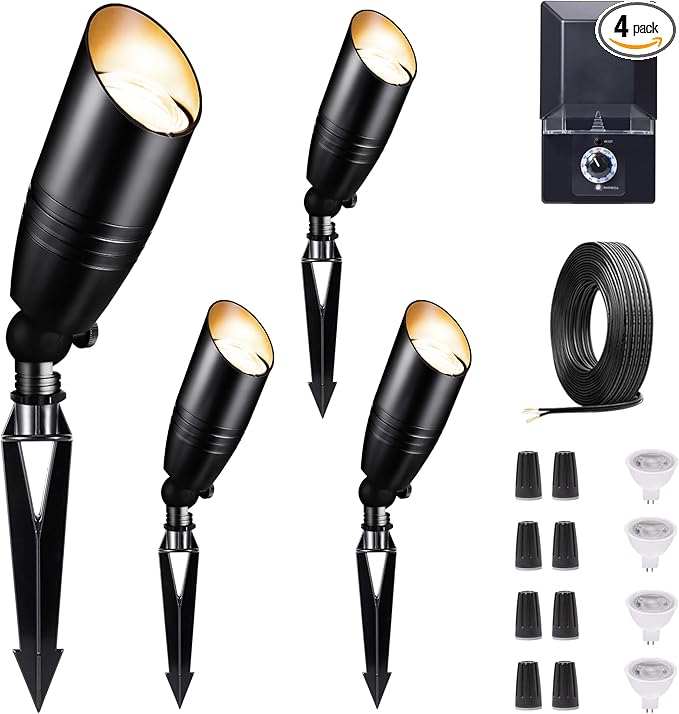 Low Voltage Landscape Spotlights Kit 4 Pack Black Outdoor12V LED Lights and 100W Transformer and 100FT Cable and 20 Wire Connectors Waterproof Aluminum Uplighting for Tree House Garden