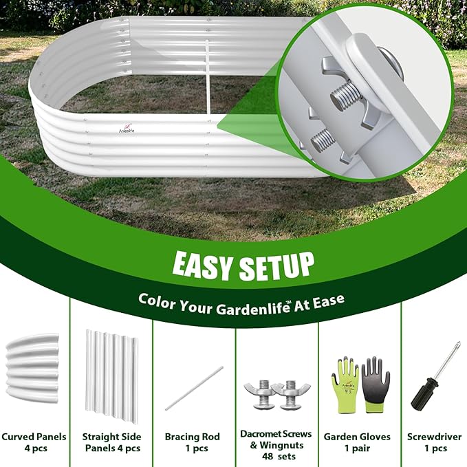 A ANLEOLIFE 6X2X1.5 ft Galvanized Raised Garden Beds Outdoor Oval Round Metal Planter Box for Planting Vegetables Flowers Herb Anti-Rust &amp Easy-Setup Antique White