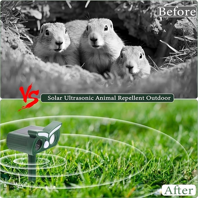 1Pack Solar Ultrasonic Animal Repellent Outdoor Deer Repellent Devices with Motion Detection&ampFlash Light Squirrel Rabbit Dog Cat DeterrentKeep Rodent Chipmunk Raccoon Away for Yard