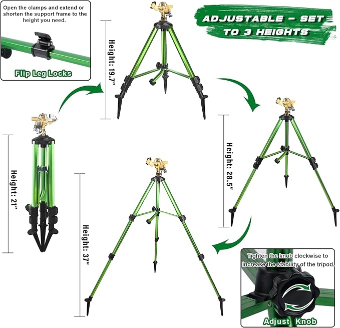 Triumpeek 2 Pack Impact Sprinkler on Tripod Base with Stakes 360 Degree Large Area Coverage Irrigator with Extension Legs Adjustable Brass Sprinkler Head Nozzle and 3/4 NH Inlet Hose Connection