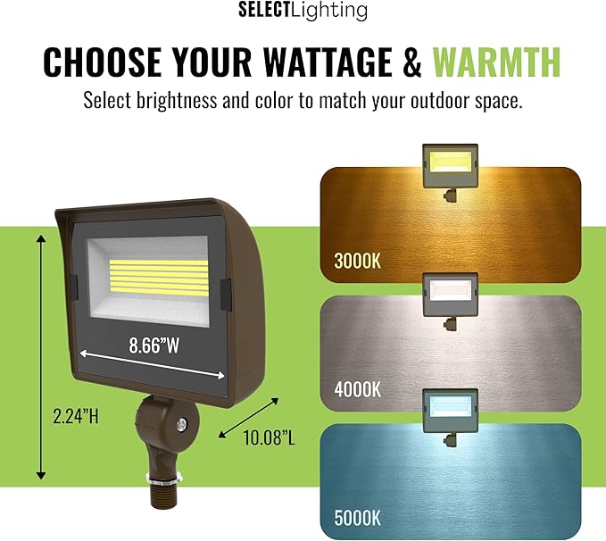 Select LED Flood Light with Photocell 40/50/60W Wattage Selectable 8000 Lumen 3000K/4000K/5000K CCT IP65 Waterproof UL Certified Outdoor Security Light for Yard Driveway (Knuckle Mount)