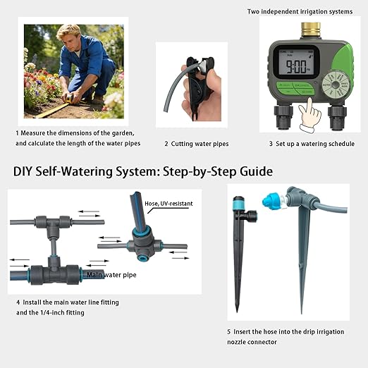 Drip Irrigation System with Water Timer(Dual System) Plug-in Quick Connection Drip Irrigation Kit 5/16“ID and 1/4 Inch Pipe Auto Watering System for Garden Spray Greenhouse Lawn Potted Plants