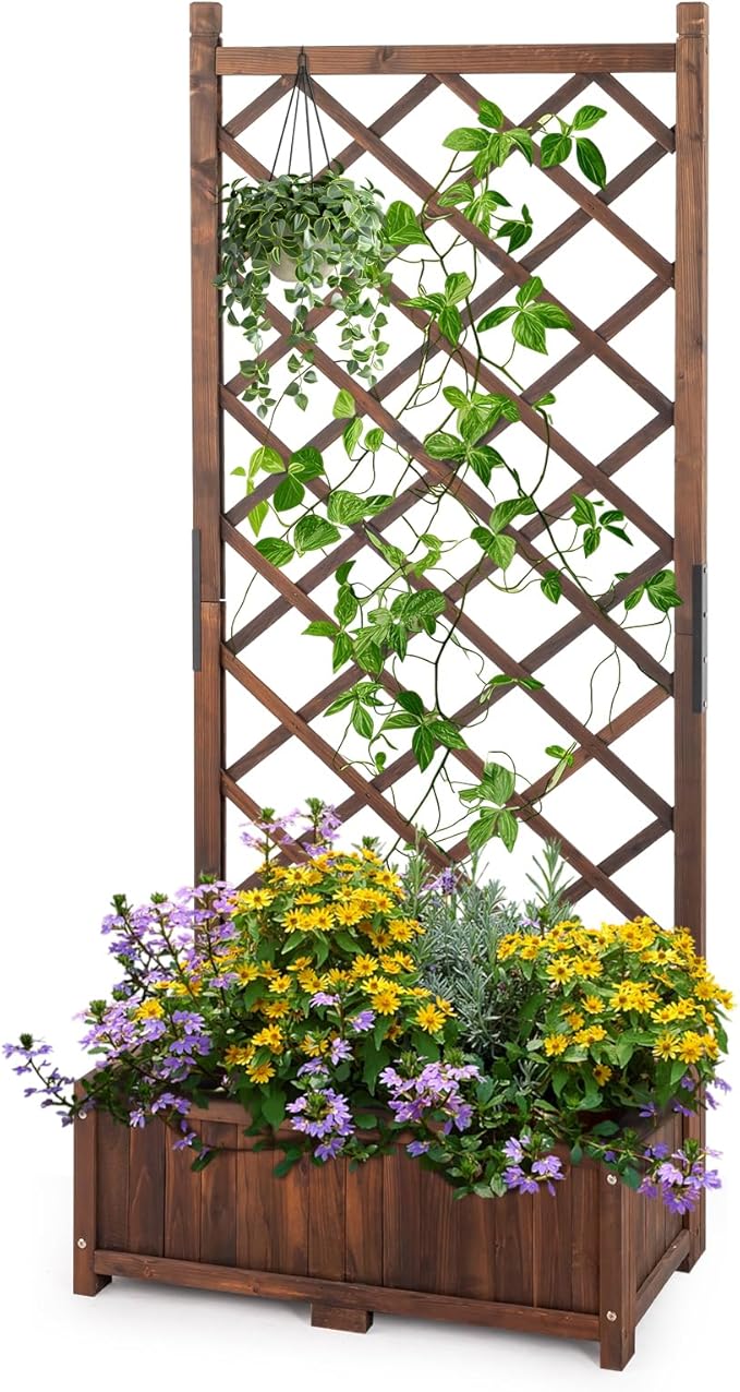 Wood Planter Raised Garden Bed with Trellis 67 Inch Height Outdoor Garden Flower Standing Planter Box Lattice Panels with Planter for Patio Porch with Drainage Holes Brown