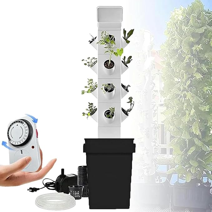 Hydroponic Tower for Garden Pot Moisturizing Pump/Timer/Adapter Cultivation Kit for Herbs Fruits and Vegetable Pots 24 Holes // 1 Piece