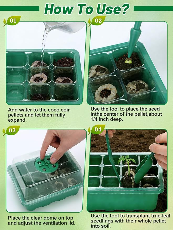 Apipi 5 Pack Seed Starter Kit with 60 Coco Coir Pellets - 60 Cell Seed Starter Trays with Domes for Indoor Greenhouse Germination Home Gardening System for Vegetables/Herbs/Flowers
