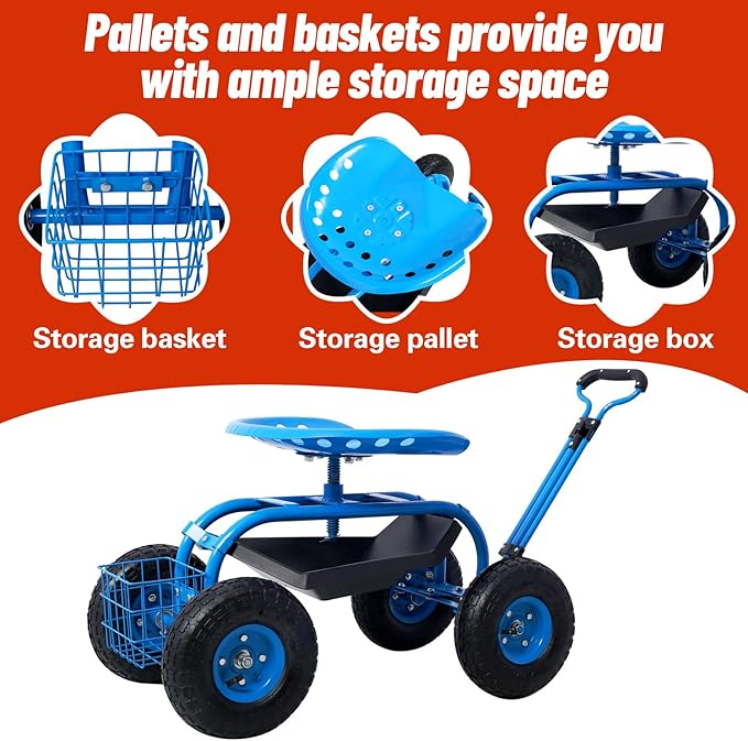 Anwick Rolling Garden Work Seat with Wheels Gardening Stool for Planting 360 Degree Swivel Seat Scooter with Steering Handle &amp Tool Tray/Basket Garden Chair for Outdoor Patio and Yard (Blue)