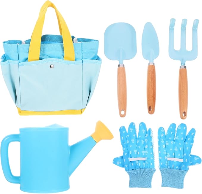 Garden Planting Tools Set with Wooden Handles Shovel Rake Watering Pot for Digging Play and Soil Transplanting Preschool Outdoor
