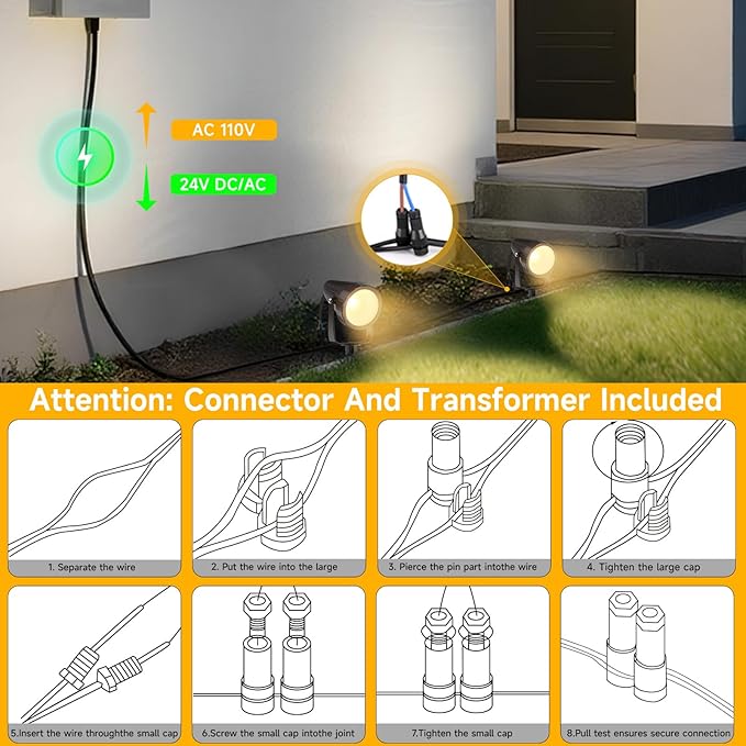 Outdoor Landscape Lighting - 12Pack Outdoor Spot Lights with Connectors &amp Transformer for Yard Plant Lawn Tree Flags House Garden Fence - 7W Warm Yellow 3000K Spotlights with IP65 Waterproof