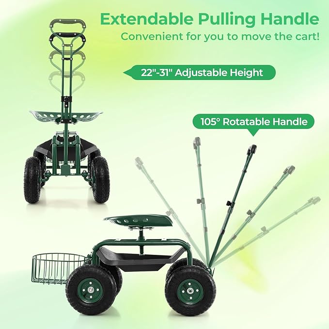 Garden Seat with Wheels Rolling Garden Stool with Extendable Handle Storage Basket &amp Tool Tray Garden Scooter with 360 Degree Swivel Seat for Outdoor Garden