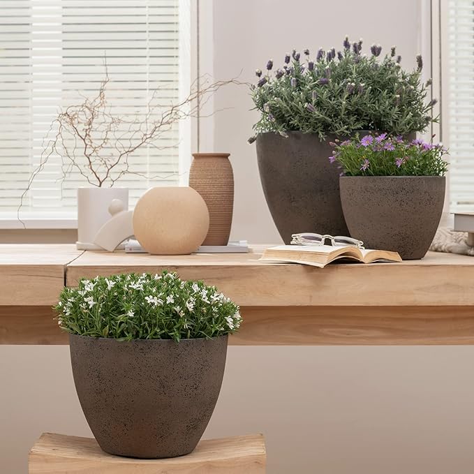 LA JOLIE MUSE 14.2/11.3/8.6 Inch Large PlantersIndoor/Outdoor Round Planters Set of 3New Iron Plant Container with Drain HolesTree Flower Plant Pots for Patio and Deck