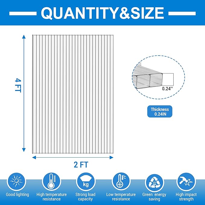 3 PCS 4' x 2' x 0.24'' Polycarbonate Greenhouse Panels Double Layer Polycarbonate Panels Outdoor Waterproof UV Protected Impact Resistance Clear Sheets for Garden and Greenhouse