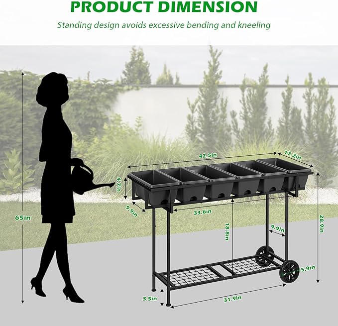 Vrisa Elevated Garden Bed with Shelf 43x17x29 in Outdoor Raised Planter Box with Legs and Wheels Vegetables Herbs Flowers Garden Box with Drain Outlet for Backyard Patio Balcony Grey