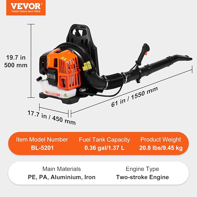 VEVOR Backpack Leaf Blower 52CC 2-Cycle Leaf Blower with 1.37L Fuel Tank 480CFM Air Volume 175MPH Speed Ideal for Lawn Care Leaf Cleaning and Snow Removal