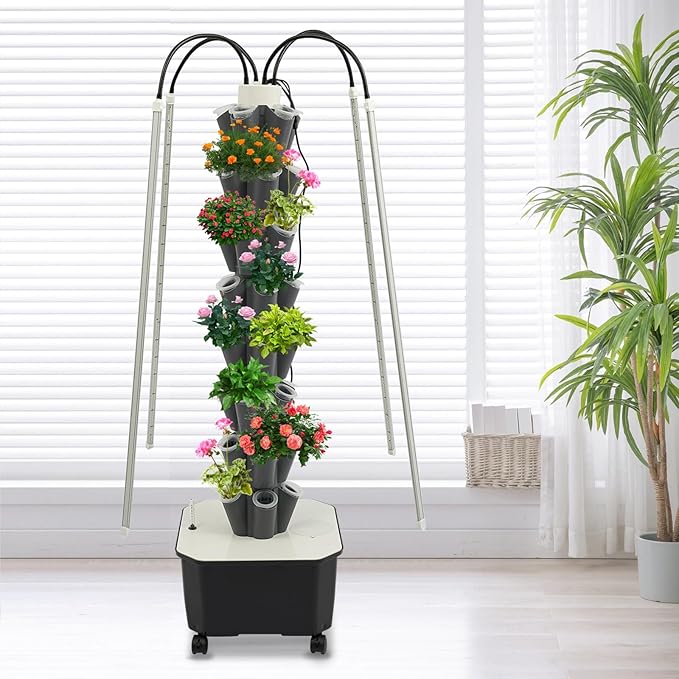 Hydroponic Growing System Tower 8 Layered 40 Slots Hydroponic Tower with LED Grow Lights Indoor Hydroponic Garden Vegetable Herb Grow Suitable for Balconies Courtyards Roofs