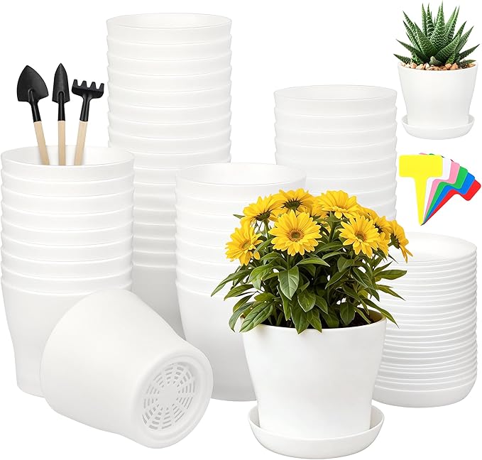 48 Pack Plastic Planters 5.5 Inch Flower Plant Pots Indoor Set Thickened Seedling Nursery Pots Seed Starting Pots with Drainage Holes Saucers Mini Garden Tool for Home Office Garden White
