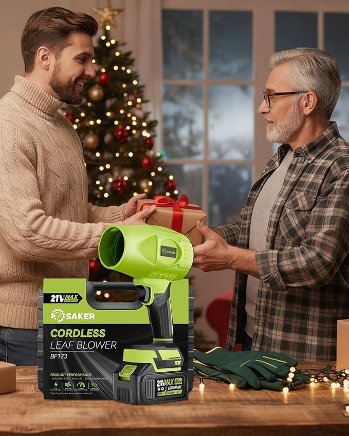 Saker Cordless Leaf Blower Handheld Blower Portable Dust Cleaner 180000 RPM with Adjustable Speed for Drying Patio Cleaning Camping Gifts 2 Batteries Green with Case