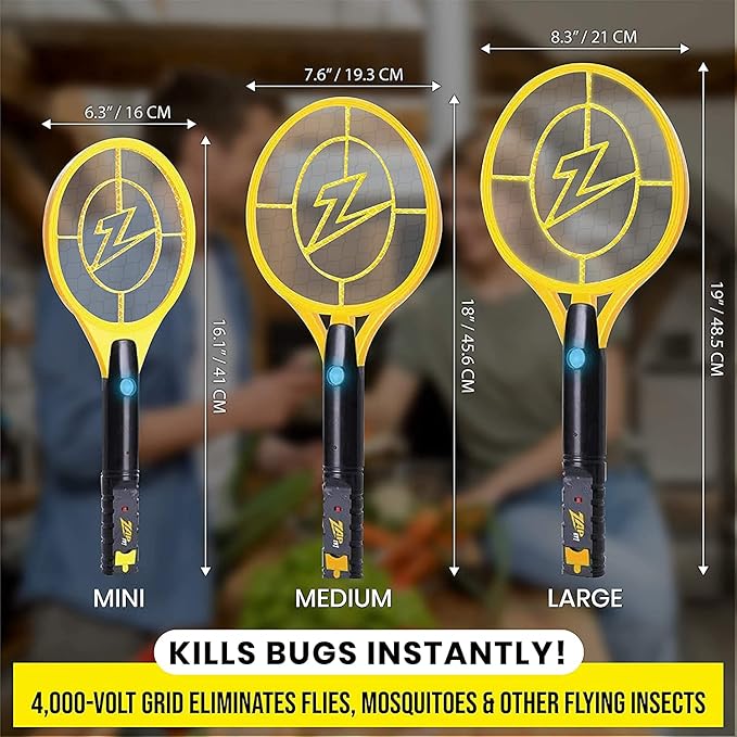 ZAP IT! Rechargeable Electric Fly Swatter Racket - 4000-Volt Mosquito Zapper with USB Charging and LED Light - Large - Safe 3-Layer Mesh Bug Zapper Racquet for Indoors and Outdoors - Yellow