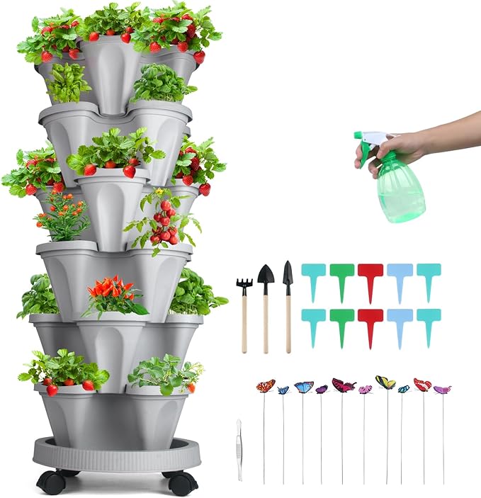 GameXcel Vertical Planter 6 Tier Stackable Strawberry Planter with Garden Tool Set Movable Indoor/Outdoor Garden Herb Pot for Growing Vegetables and Succulents Gray