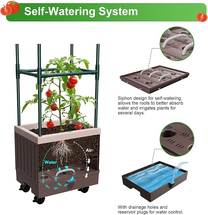 Raised Garden Bed Planter Boxes with Trellis1pcs 70.9Self-Watering Tomato Planter Boxes with Trellis for Climbing Vegetables Plants Flowers Tomato with WheelsUse for Indoor Outdoor (Brown)