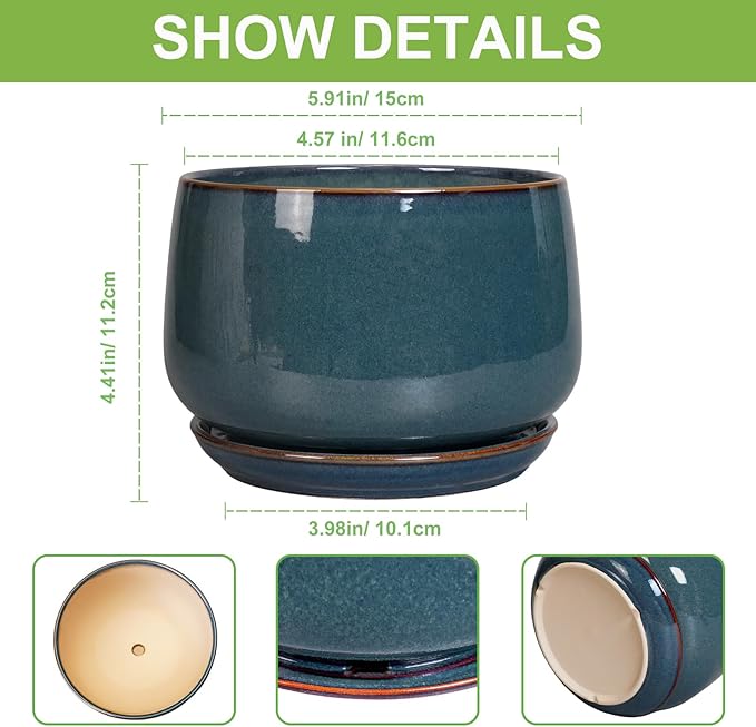 G EPGardening Ceramic Planter 6 Inch - Round Modern Ceramic Pot for Plants with Drainage and Plant Tray Indoor for Flower Apartment Decor Housewarming Gifts New Home Retro Blue