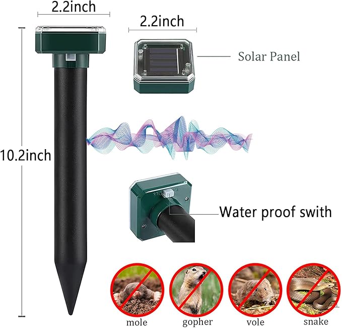 Mole Repellent Solar Powered -10 Packs Gopher Repellent Ultrasonic Solar Powered Sonic Mole Deterrent Stakes Snake Groundhog Repellent for Yard Garden Lawn