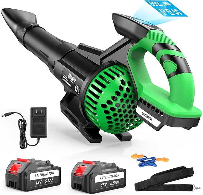 Leaf Blower Cordless with 2X 5500 mAh Battery and Charger 710 CFM/180 MPH Brushless Electric Leaf Blower with Shoulder Strap 3-Speed Modes Powerful Handheld Blowers for Lawn Garden Yard Care