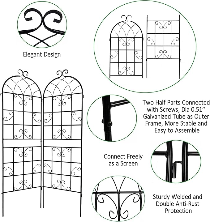 4 Pack Large Garden Trellis 71 H x 19.7 W Heavy Duty Rustproof Black Iron Plant Trellis for Potted Plant Support Metal Climbing Rose Trellis Vine Vegetable Cucumber