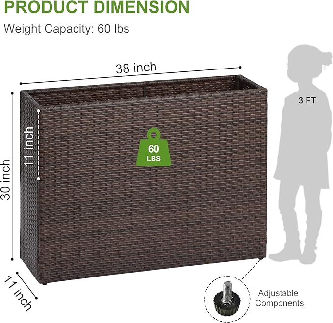 LEWIS&ampWAYNE Large Rectangular Block Planter Box Handmade Wicker Tall Planters for Outdoor Plants with Removable Liners Modern Planter for Indoor Outdoor Patio Deck - Brown 38''x11''x30''