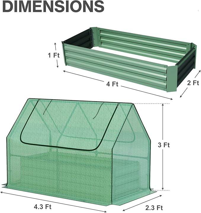 Aoodor Raised Garden Bed Kit 4x2x1 FT Galvanized Planter Box with PE Cover Screen Windows for Gardening Green