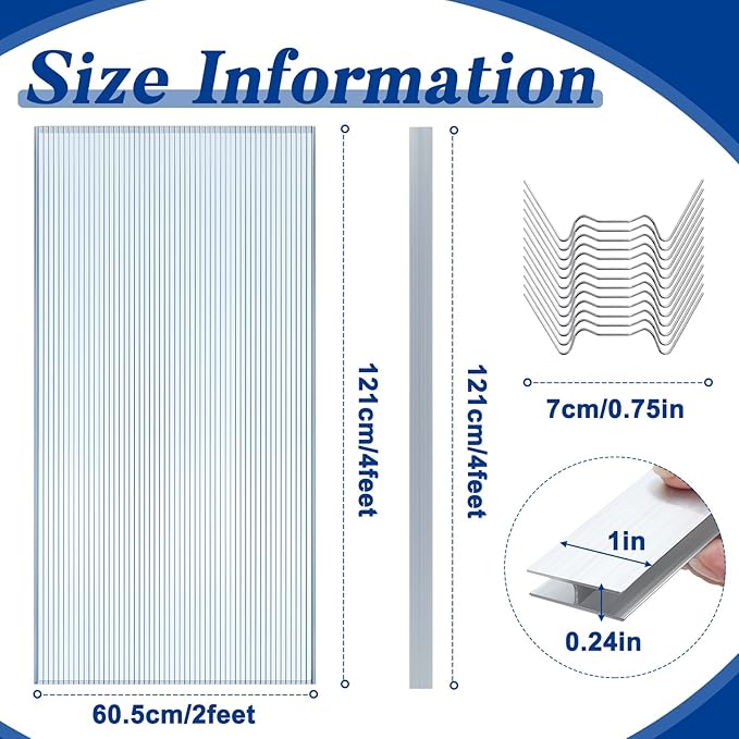 Hotop Polycarbonate Greenhouse Panels Kit 4' x 2' x 0.24 Includes 6 Pack Clear Double Layer Polycarbonate Sheets 5 Pcs Aluminum Connecting Strips and 50 Pcs W Shaped Clips for Garden Covering