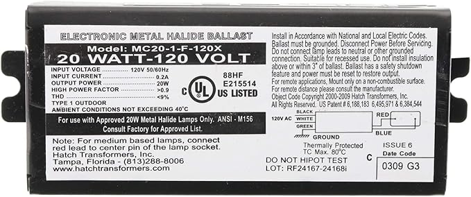 Hatch MC20-1-F-120X Electronic MH Metal Halide Ballast 1-Lamp M156 20W 120V