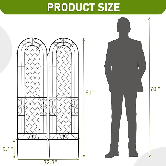 EEBABUO 2-Pack Rustproof Iron Garden Trellis for Climbing Plants - 16x61 Inch Sturdy Metal Plant Support with Arched Design &amp Easy Installation (Black)