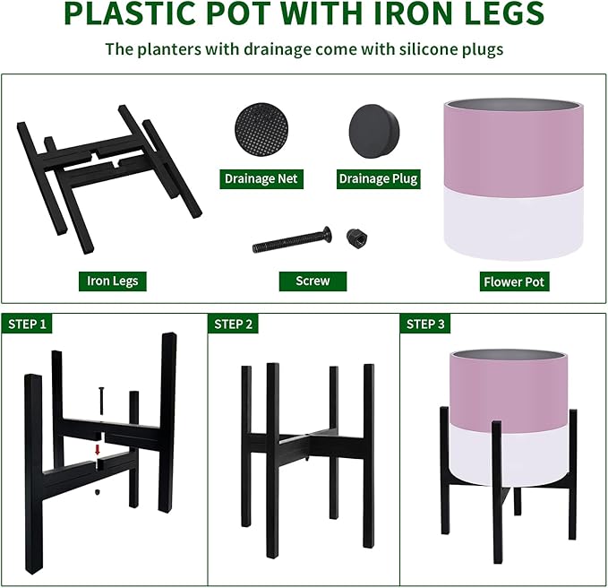 Planter with Stand Set of 2 Modern Plant Pots with Metal Legs IndoorFlower Pots with Drainage Holes Matching Decorative Garden Pot for Living Room Office Garden or Balcony 10 &amp 12 Inches