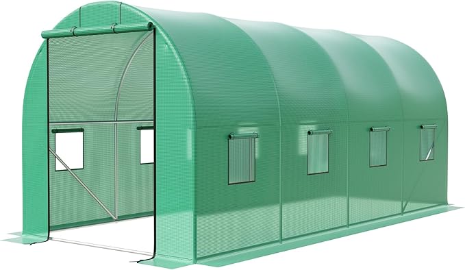 15x6.5x6.5 FT Heavy Duty Walk-in Tunnel Greenhouse Galvanized Steel Hoop House with Green PE Cover Rolling Zipper Door &amp 8 Vent Windows for Outdoor Gardening Plant Growth &amp Year-Round Use