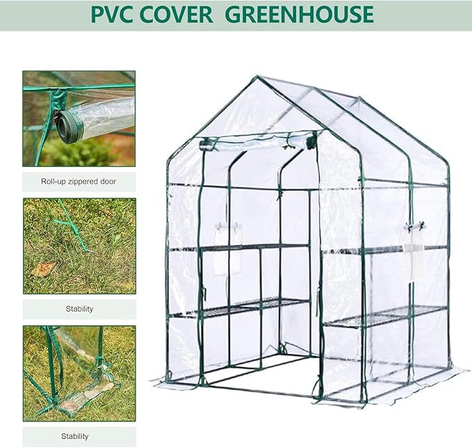 Greenhouse for Outdoor - Walk in Greenhouse with 6 Shelves Heavy Duty Metal Frame Weatherproof Transparent Cover Roll Up Door Gardening House for Plants &amp Seedlings - 56.3 x 56.3 x 76.77 Inch