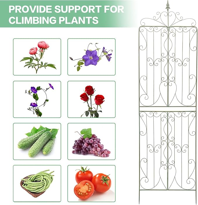 Sungmor 2 Pack Large Garden Trellis for Climbing Plants 92.5 Inch Tall Rustic Green Garden Metal Trellis Decorative Trellis for Outdoor Rose Vines Cucumbers Support Greenhouse Flowerbed Backyard