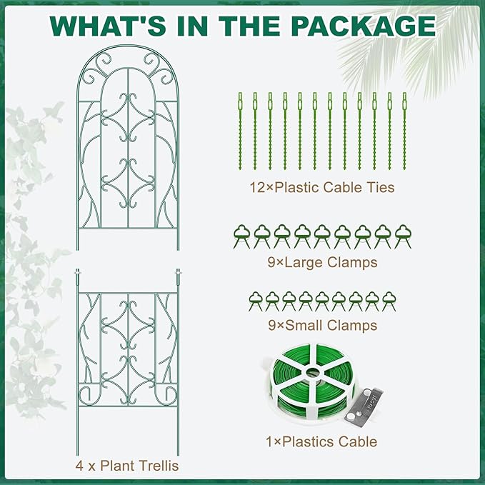 4 Pack Metal Garden Trellis for Climbing PlantsGreen Metal Garden Trellis for Vines Plant Rose Vegetable SupportLarge Decorative Outdoor Trellis