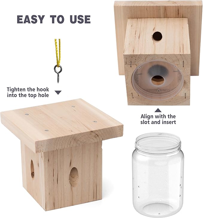 1 PCS Wood Carpenter Bee Trap for Outside - Best Bee Trap - Nature Hanging Carpenter Bee Traps Plastic Jar Outdoor - Insect Traps