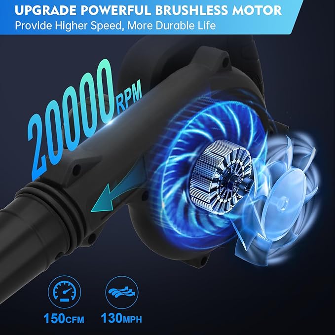 Leaf Blower Cordless 2 x 24V 2.0Ah Battery and Charger 150CFM 130MPH Electric Cordless Leaf Blower with Brushless Motor Handle Electric Blower Cleaner