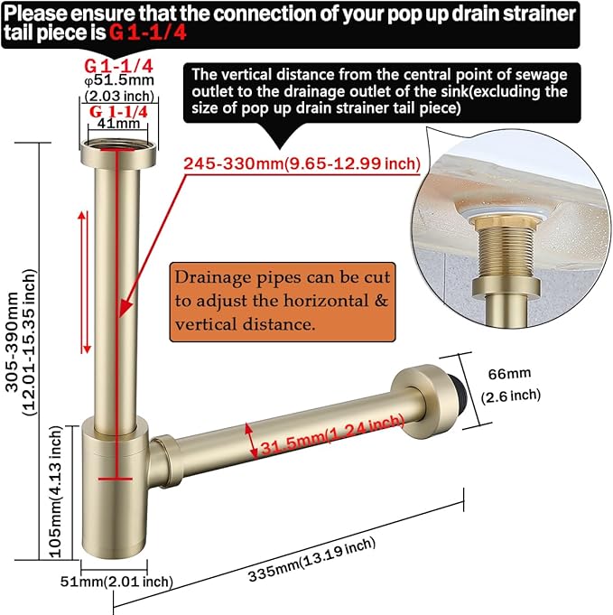 RANDOM Brass Round Bottle P-Trap 1 1/4Raise and Lengthen Adjustable Basin Sink Waste Drain Trap KitBrushed Gold.RD-83888BG-L