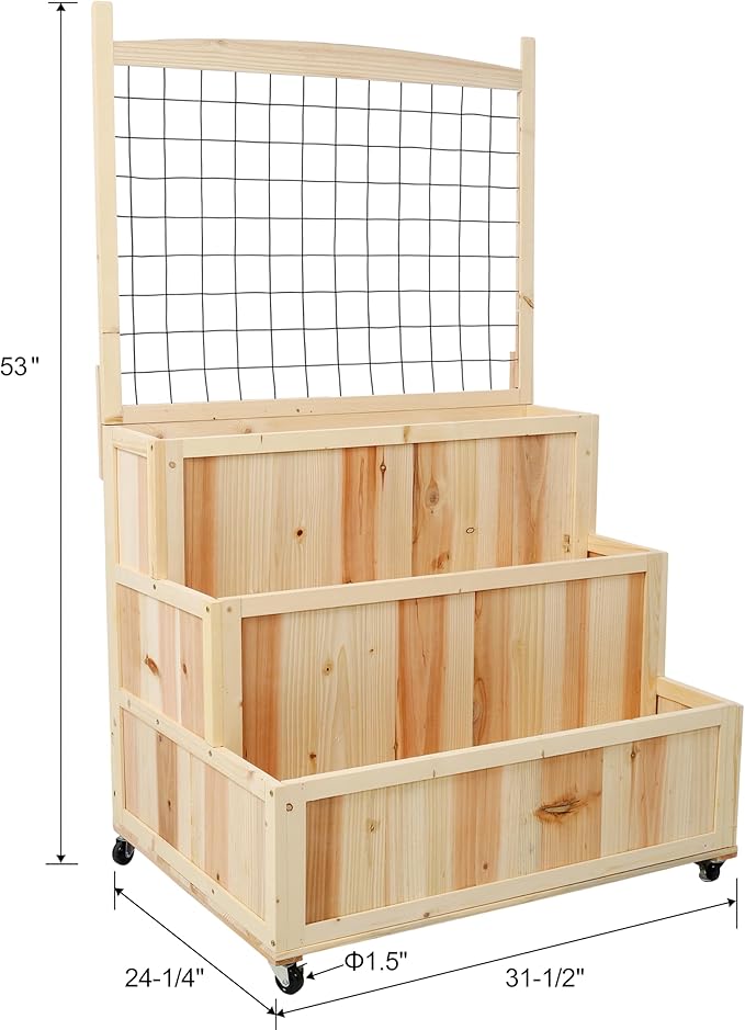 3-Tier Raised Garden Bed with Trellis &amp Wheels – 53 H Vertical Wooden Planter Box for Flowers Vegetables Herbs -Includes Storage Back Panel
