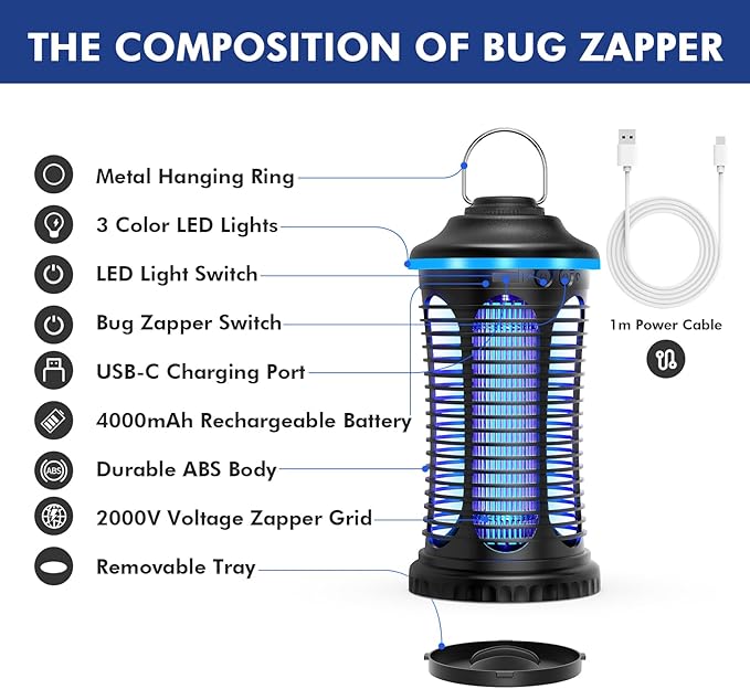 Rechargeable Bug Zapper Outdoor &amp Indoor Mosquito Zapper Fruit Fly Trap Gnat Moths Catcher 4200V Grid USB Charging 4000mAh Battery Fit for Home Kitchen Backyard Camping Patio Black