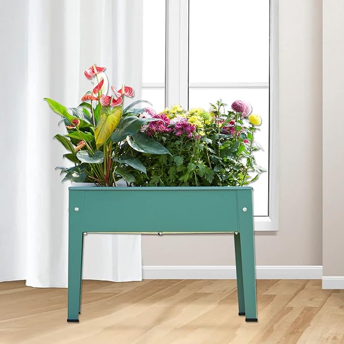 Raised Garden Bed Elevated Planter Green Metal Plant Box with Legs Standing Garden Stand Drainage Holes Green