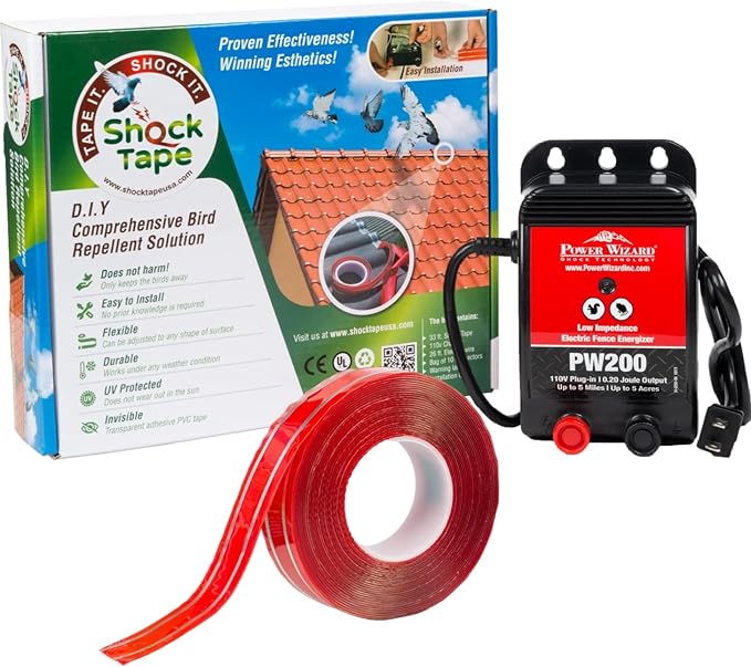 kit for Pigeon &amp Bird Control - Bird Trainer Solution for Keeping Birds Away from Rooftops Patios Windowsills Fences - Durable Shock Tape &amp Electronic Charger Kit- Spikes Alternative.