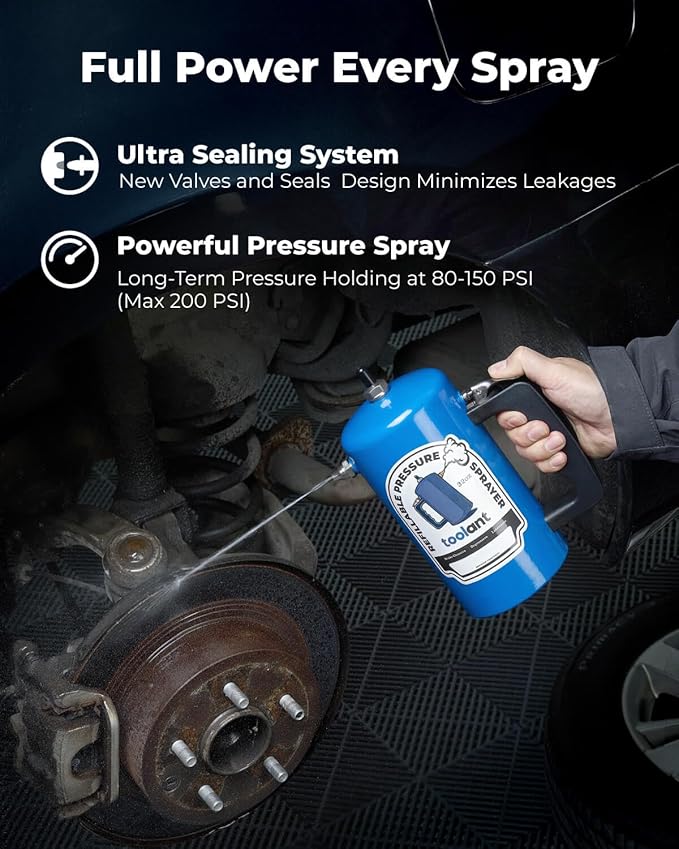 toolant 32oz Refillable Pressurized Sprayer Steel Canister Rust-Resistant Lining Needle Valve Leak-Resistant 1.0/0.6mm Nozzles Funnel Included 200 PSI Max for Brake Cleaner &amp Solvents Blue