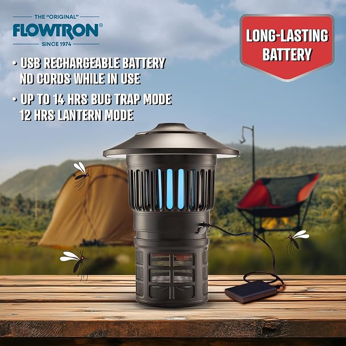 Flowtron Bug Trap Lantern | 2-in-1 UV Mosquito Trap &amp LED Camping Lantern 21000 Sq Ft Coverage 4000mAh Rechargeable Battery Cordless Insect Trap with Fan for Patio Backyard Indoor Outdoor